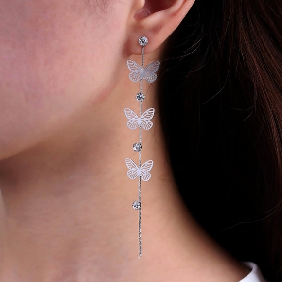 Butterfly Filigree Earrings with Rhinestone Accent Silver Tone Tassel Earrings - Picture 10 of 11
